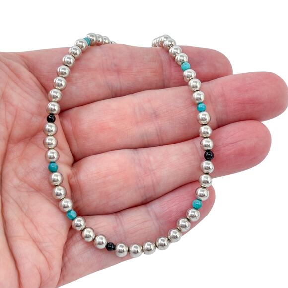 Estate Sterling Silver 925 Turquoise Onyx Beaded Necklace 18"-21" - Picture 1 of 6